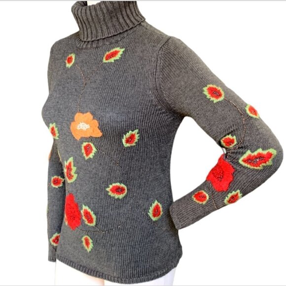 Vintage Carlisle Floral Embroidered Silk-Cashmere Turtleneck Sweater S #83B - Picture 4 of 9